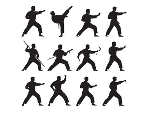 Martial arts silhouettes vector collection, dynamic karate and kung fu poses, combat sports training and self-defense graphic elements, black on white isolated set © Prodeep