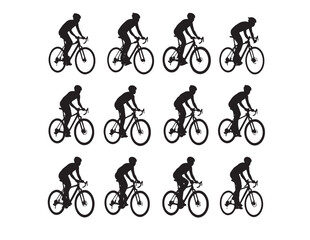 Obraz premium Dynamic cycling silhouettes, a collection of twelve distinct vector illustrations depicting various bicycle riders in motion, perfect for sports, fitness, and active lifestyle designs.