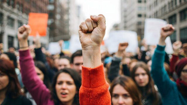 A crowd of people participating in a protest, raising their fists in the air to show solidarity and support for a social movement in the city