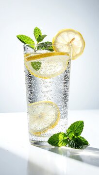 sparkling mineral water with lemon slices and fresh mint in a tall glass, lots of condensation droplets, bright summer sunlight with sparkling bubbles, clean and ultra refreshing