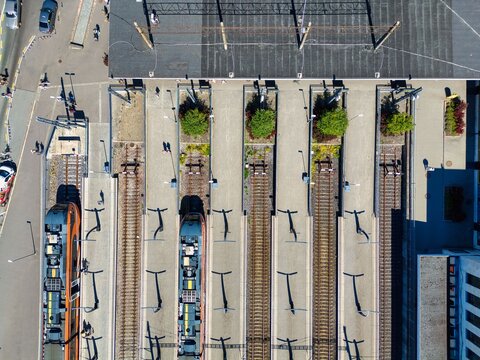 Aerial top down view of Baltic Station railway tracks and trains in Tallinn