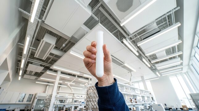 A person holding a smartphone in front of an office lab environment