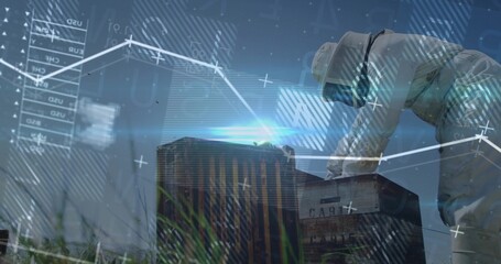 Beekeeper prying hive lid, inserting hands and monitoring frame health, data overlay crossing scene © vectorfusionart