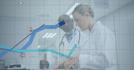 Drs checking records for care flipping file pointing causing data graphs rising over hands settling © vectorfusionart