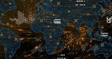 Golden particle burst sparking flat global map driving data flows and warnings showing network flow © vectorfusionart
