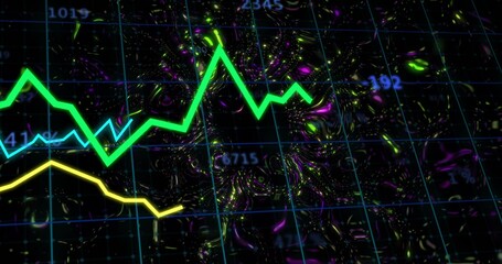 Vertical image: Neon graphs syncing to data pulse on grid, forming glow core, showing tech metrics © vectorfusionart