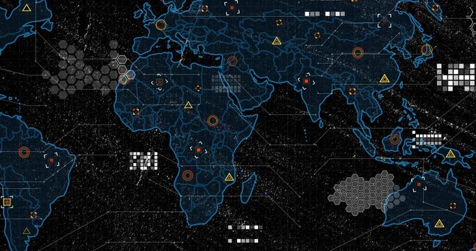 View expanding revealing neon-blue global map, HUD animating, icons connecting, showing global data