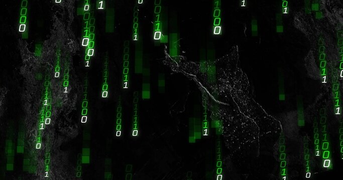 Top digits sparking streams, green binary rain falling, showing data flow over dark backdrop