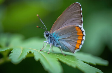 Naklejka premium Small purple hairstreak butterfly rests on green leaf. Insect has brown grey wings with orange white border. Blue fuzzy body is visible. Macro closeup of nature detail.