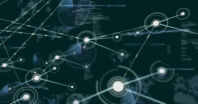 Hub pulsing and initiating beams, tech network growing with nodes code waves map showing flow