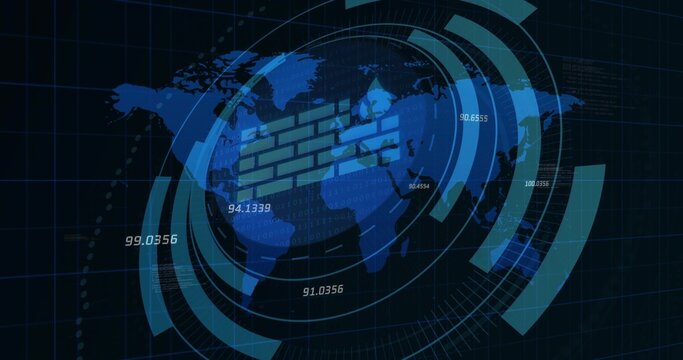 Blue map initiating security scan, HUD rings rotating over labels, firewall icon blocking threats