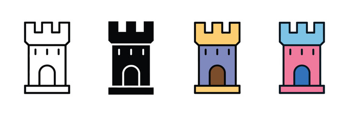 Castle tower icons featuring medieval fortress defense, heritage architecture, chess rook strategy, and clean minimalist vector graphics for historical and game design. © ARIF AHMED 05