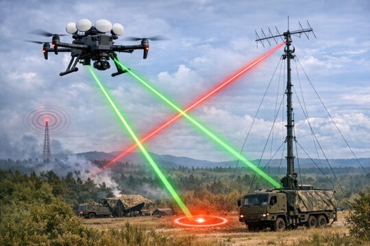 A military vehicle and helicopter shining bright with laser lights, perfect for use in action-packed scenes or futuristic concept art
