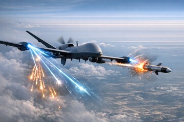 Fototapeta premium A military aircraft dropping ordnance, suitable for illustrations of conflict or warfare