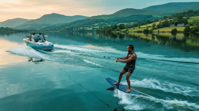 Man wakeboarding behind a boat on a serene lake with rolling hills in the background