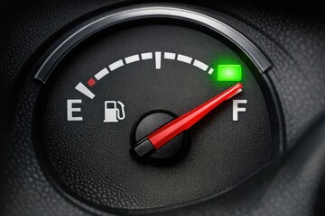 Naklejka premium A close-up view of a fuel gauge with a green light indicating sufficient fuel levels