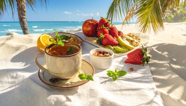 &ldquo;Tropical beach table with white cloth, cup of tea with mint and lemon, strawberries, apple, nuts, palm leaves overhead, ocean and sky background, bright sunny relaxing atmosphere&hellip;&rdquo;