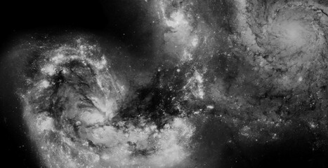 Black and White Cosmic Background with Layered Nebula Clouds and Scattered Stars  © ShadOw