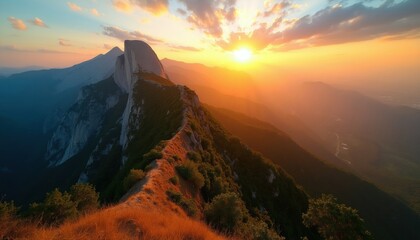 Obraz premium Majestic mountain range at sunset. Sun rays illuminate steep cliffs and green slopes. Hazy valley below with river. Nature grandeur unfolds in vibrant colors.