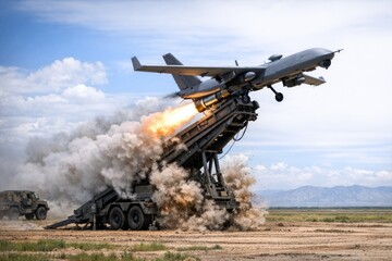 Fototapeta premium A military jet under attack by a missile, suitable for use in scenes about conflict, war, or defense