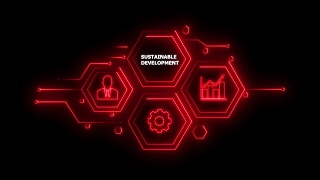 Abstract neon Hud knowledge ability business gear icon Glowing neon line concept. Glowing " SUSTAINABLE DEVELOPMENT" button in German on a futuristic, abstract wave technology on black background. 4K