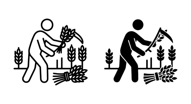Farmer Harvesting Wheat Icon Set, Agricultural Laborer with Scythe, Rural Field Work, Simple Line Art and Silhouette Graphics