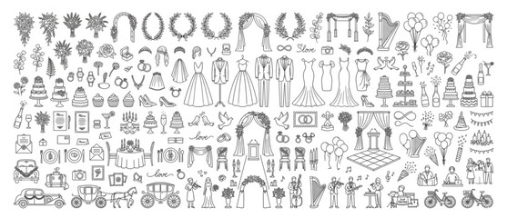 Comprehensive wedding and marriage ceremony icon set illustration collection featuring bridal attire venues rings and celebration elements wedding planner marriage ceremony celebration © Designer Pac 2