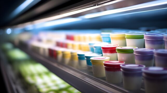 Supermarket refrigerated display shelves filled with variety of plastic yogurt cups in the dairy aisle