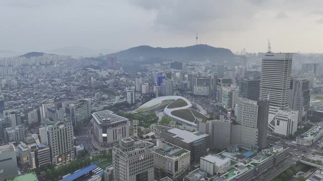 Aerial Drone View of DDP Dongdaemun Design Plaza Architecture and Cityscape in Seoul, South Korea