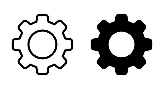 Two Gear Icons, Mechanical Cogwheel Symbols, Engineering and Industry Concepts, Black and White Vector Graphics