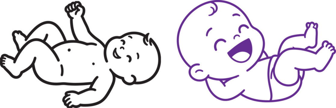 Smiling baby vector line art icons of a laughing infant lying on back for nursery and pediatric healthcare branding
