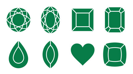 Green emerald gemstone icons in various elegant cuts. © Yuni