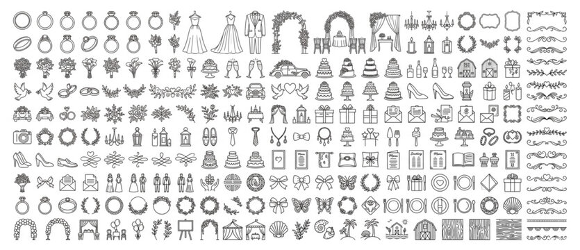 Large library of wedding and romance themed vector line art icons and decorative design assets with marriage celebration ceremony ornaments bouquets invitation graphics elements dividers