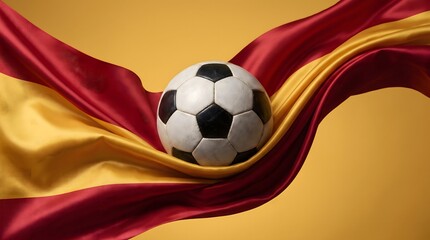 Fototapeta premium Vibrant studio shot of a classic soccer ball resting upon a flowing spanish flag against a golden backdrop, ideal for sports promotions.