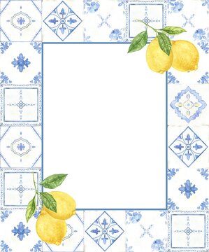 Watercolor rectangle frame with lemons and Portuguese azulejo tiles. Hand painted Mediterranean illustration for recipe cards, menus, wedding invitations, restaurants and kitchen decor.