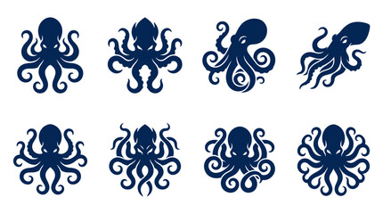 Detailed dark blue octopus silhouettes for marine life themes. © Yuni