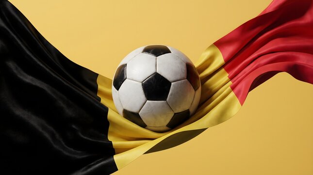 Vibrant soccer ball resting on a gracefully waving belgian flag against a golden studio backdrop, perfect for sports event promotions.
