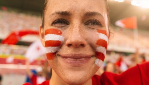 Extreme close-up of a young woman's face painted with generic red and white face paint, crying tears of joy in a crowded stadium, emotional expression, highly detailed skin texture, DSLR, 85mm lens, 4