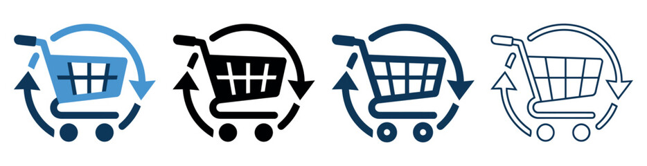 Set of four shopping cart icons with circular arrows representing product return or repeat purchase process Minimal icon set bundle collection. Editable Vector Illustration Mega pack © SIPLU