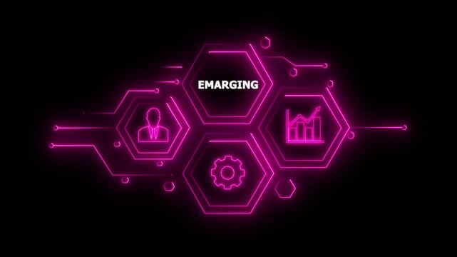 Abstract neon Hud knowledge ability business gear icon Glowing neon line concept. Glowing " EMARGING " button in German on a futuristic,abstract wave technology on black background. 4K animation video