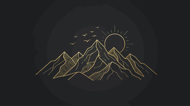 Mountain Range With Birds And Sun Golden Line Art Silhouette