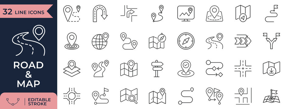 Road and map line icon set featuring location pins and routes. Editable vector stroke.