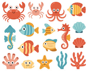 Naklejka premium Colorful cartoon sea creatures and underwater friends