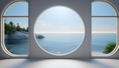 Fototapeta premium white background with a circular window a sea view a simple style 3d rendering