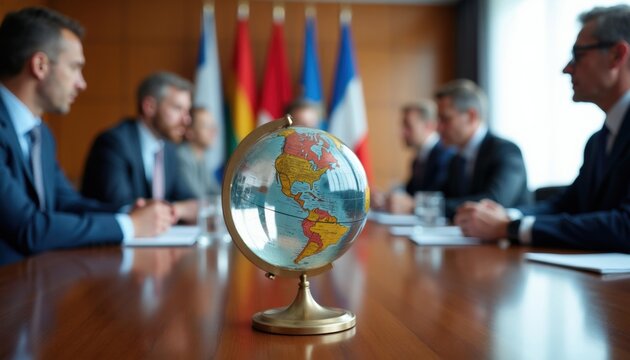 Men in suits sit at table with globe. International meeting focuses on global strategy and discussion of world affairs. Flags behind blur into background.