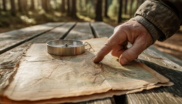 Close-up of a dusty vintage map resting on a wooden picnic table, a hand pointing at a mountain route, a generic metallic compass nearby, rustic outdoor pine forest setting, macro details, 4K resoluti