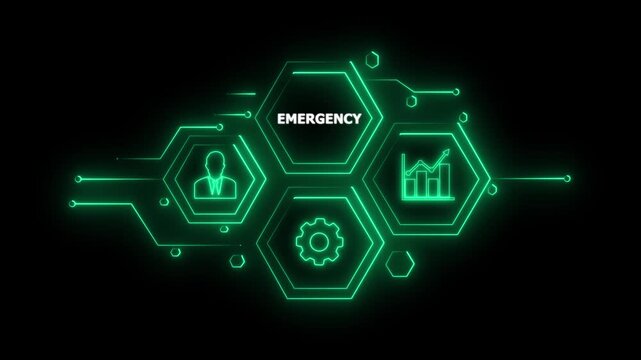Abstract neon Hud knowledge ability business gear icon Glowing neon line concept. Glowing " EMERGENCY" button in German on a futuristic, abstract wave technology on black background. 4K animation.