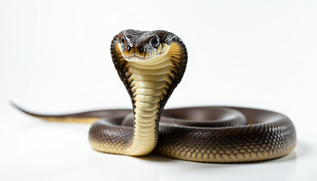 Indian cobra snake coiled on white surface. Reptile has hood raised, showing intimidation. Venomous serpent ready to strike, wild animal portrait.