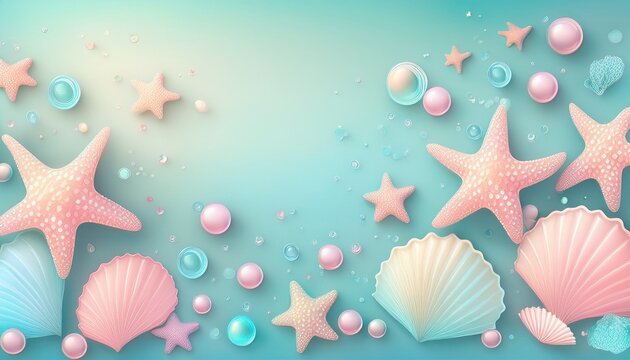 cute pastel kawaii background with starfish shells and bubbles on a light blue background