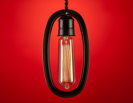 a hanging light fixture with a retro edison bulb suspended below an oval black and red frame against a vibrant red background